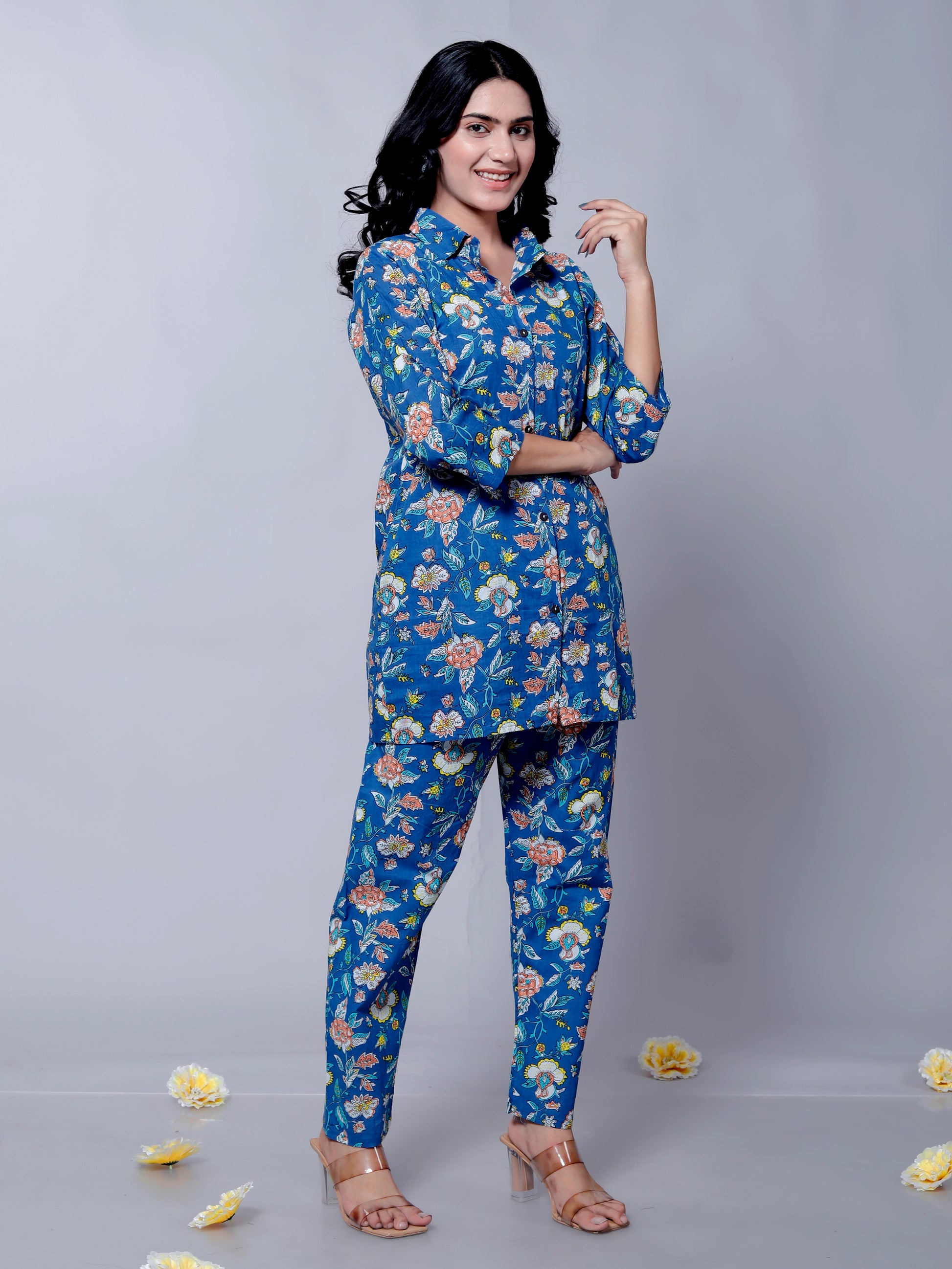 Side view of the blue floral muslin cotton co-ord set for evening parties