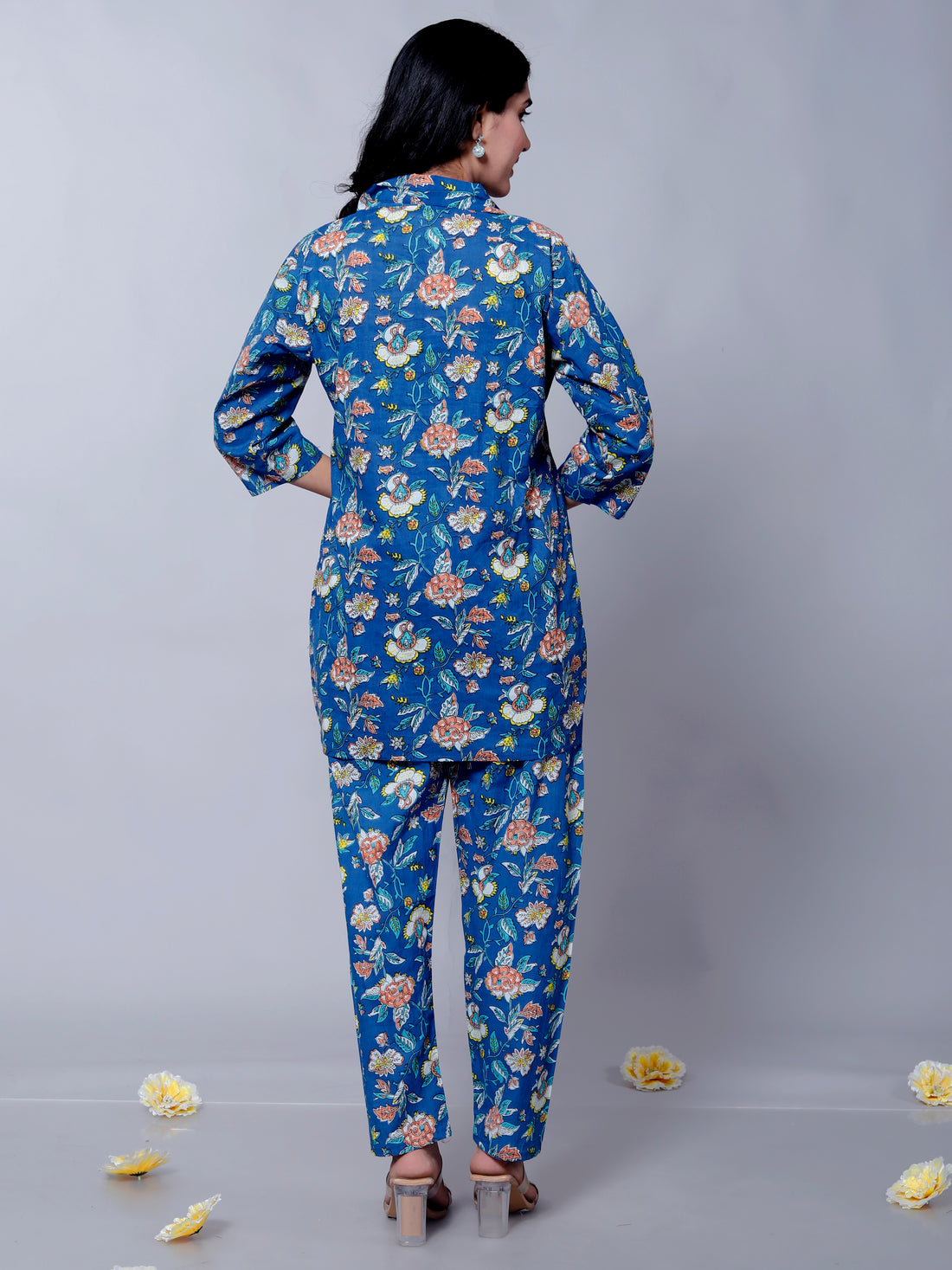 Front view of blue floral textured muslin cotton co-ord set for parties