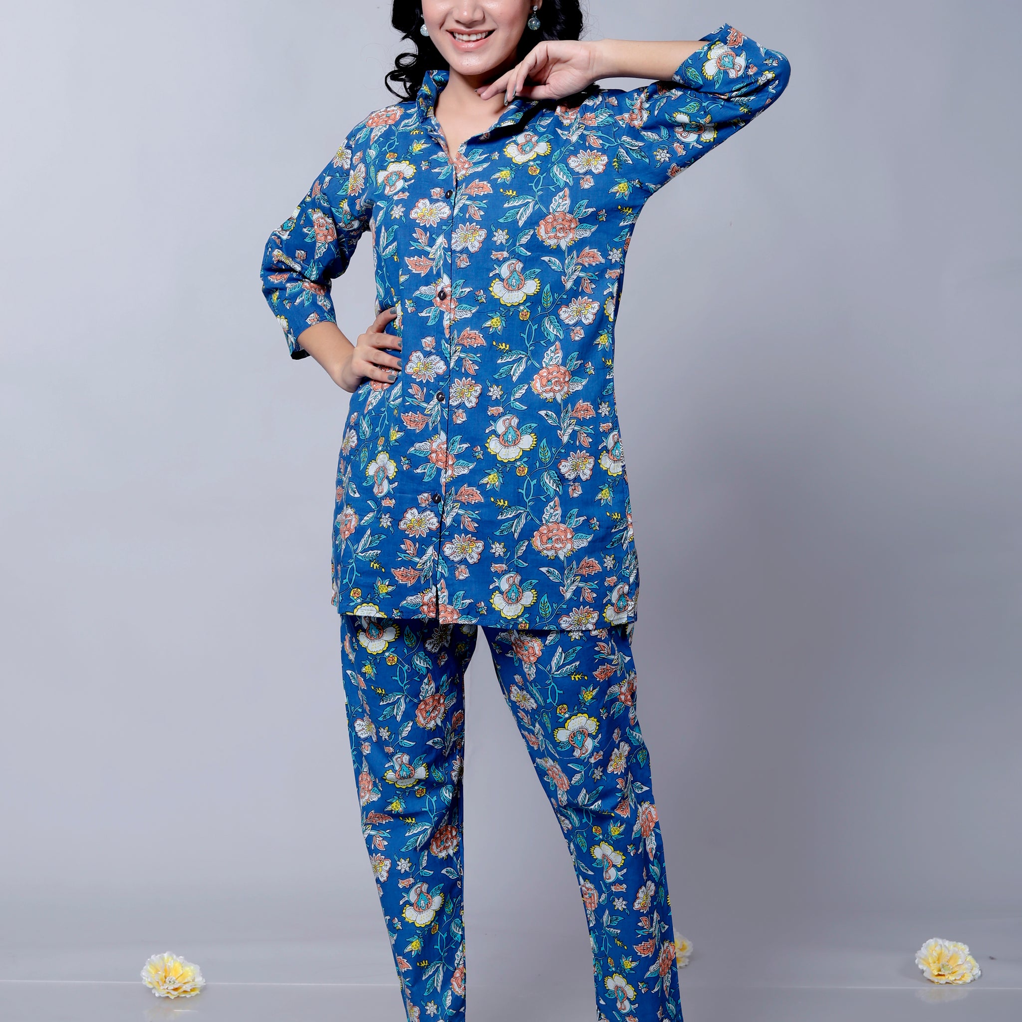 Front view of blue floral textured muslin cotton co-ord set for parties