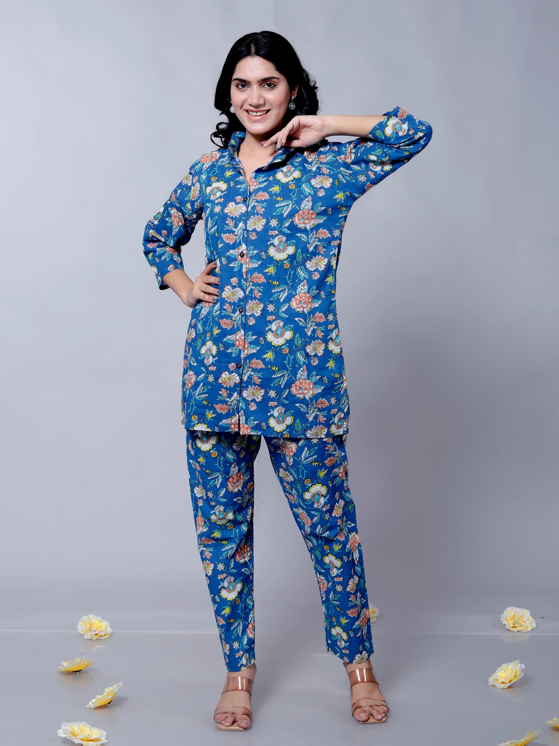 Front view of blue floral textured muslin cotton co-ord set for parties