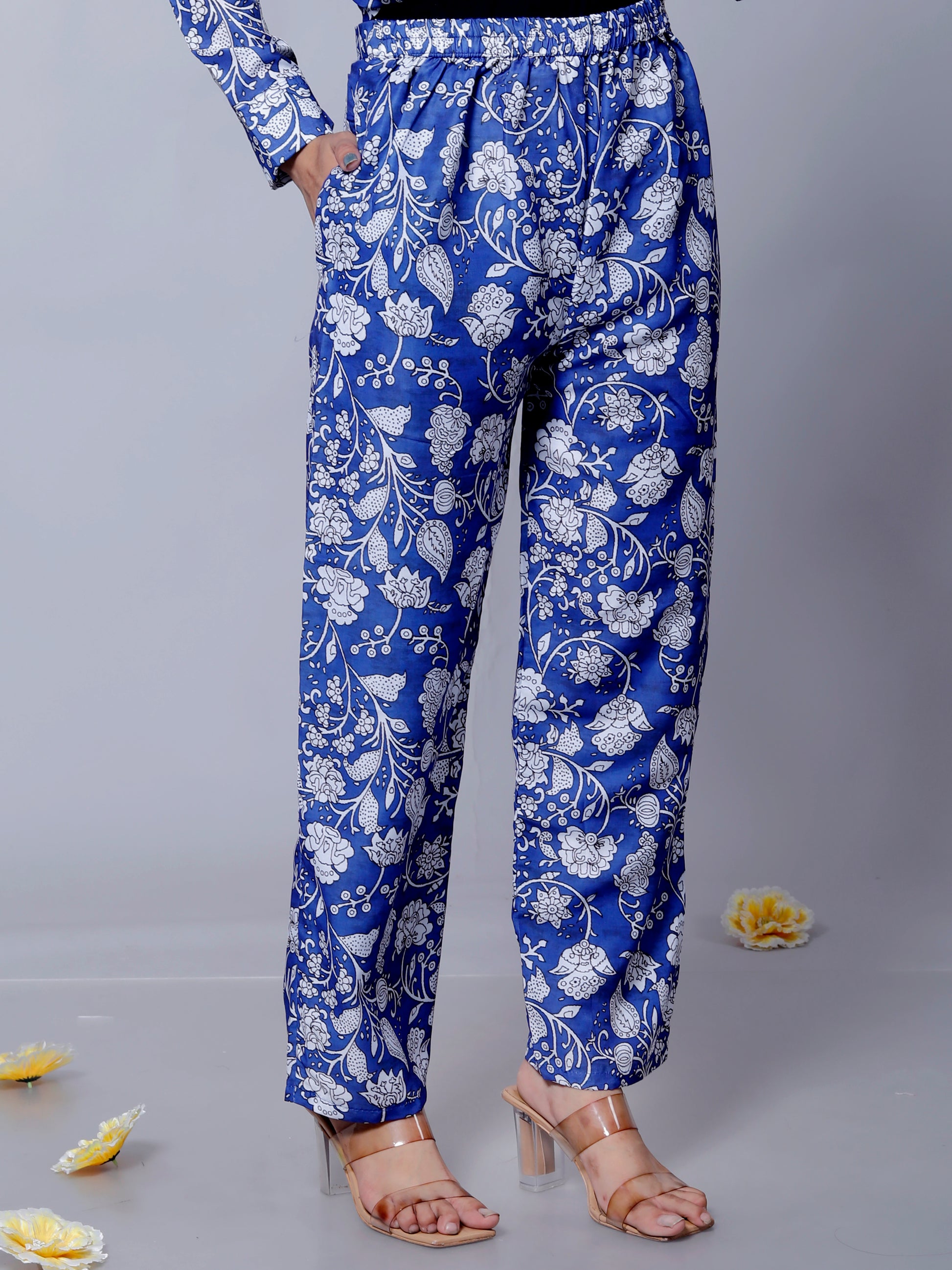 Close-up of Floral Printed Bottoms from Blue Floral Textured Co-ord Set