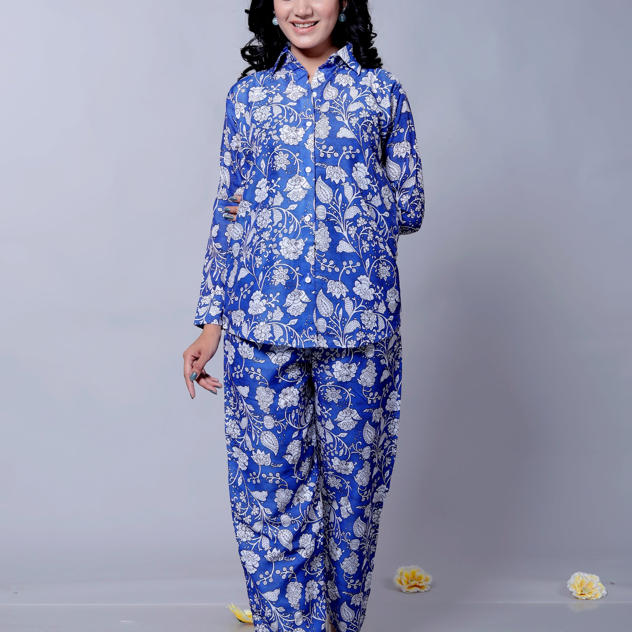 Blue Floral Textured Stylish Co-ord Set - Front View