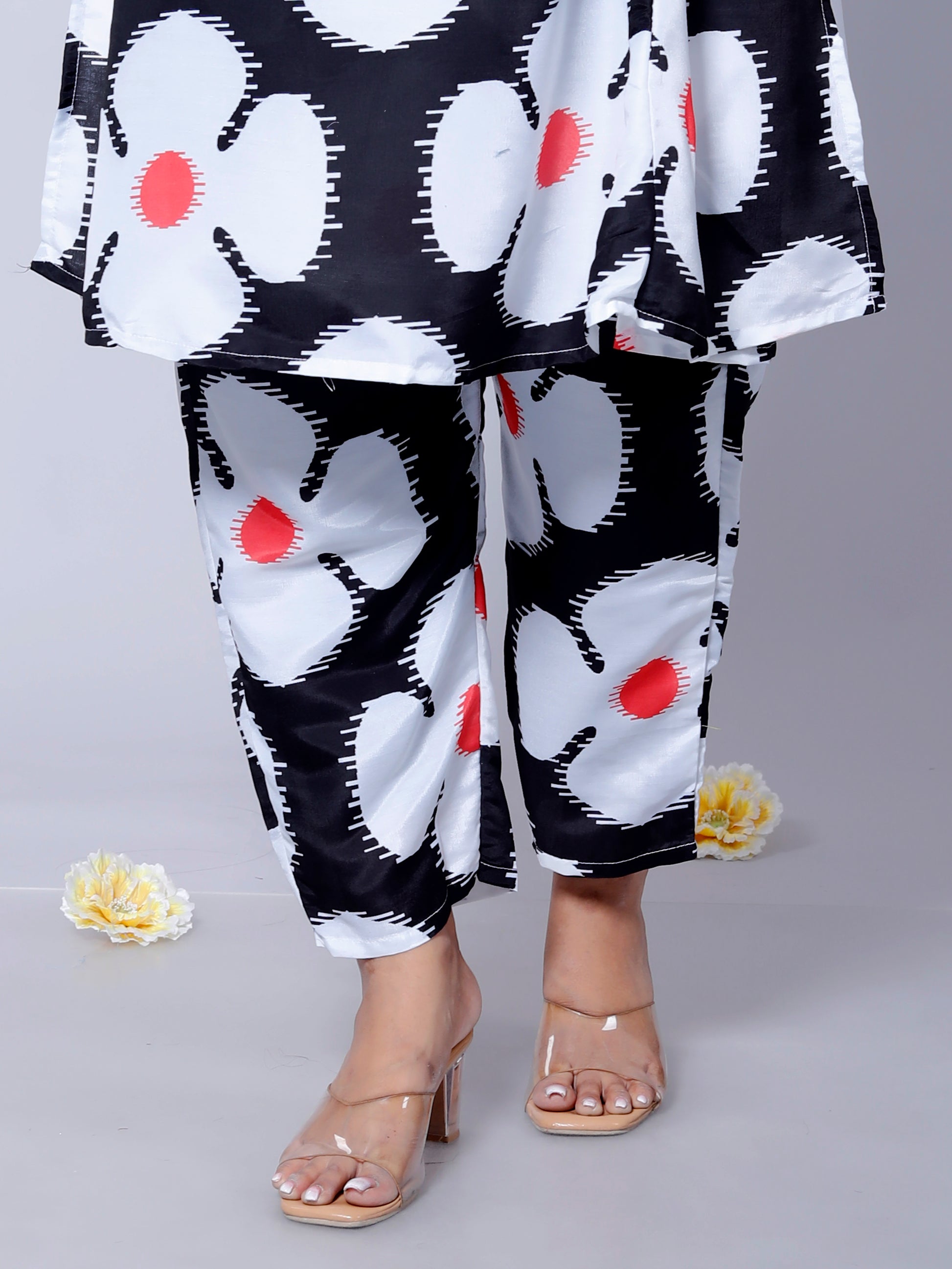 Front view of floral printed muslin trousers with a comfortable fit