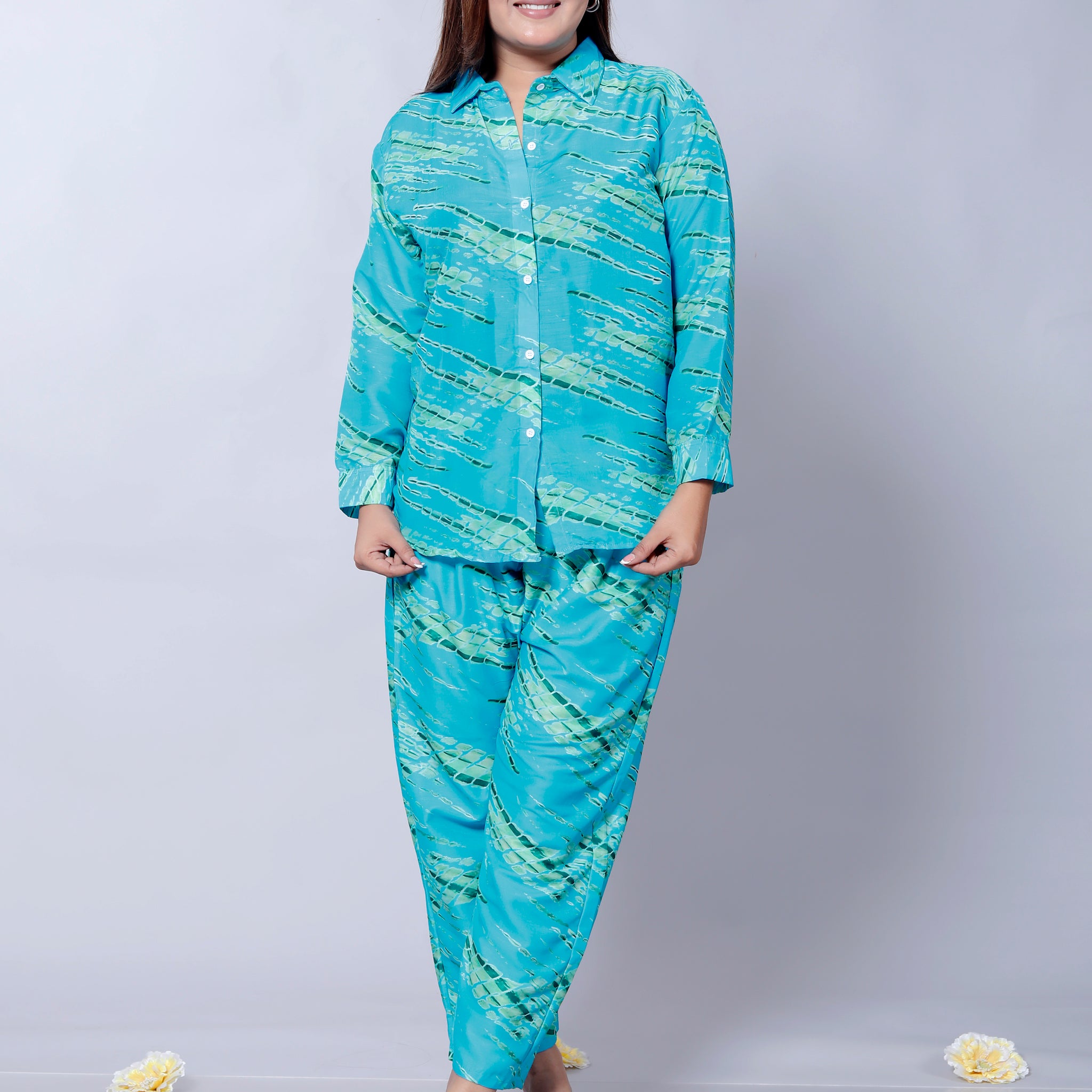 Women's Sky Blue Leheriya Print Co-ord Set - D01115