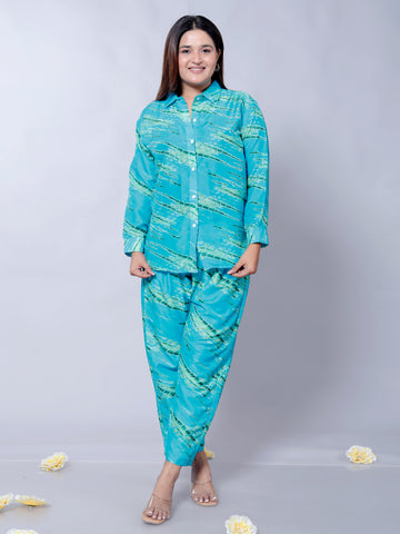 Women's Sky Blue Leheriya Print Co-ord Set - D01115